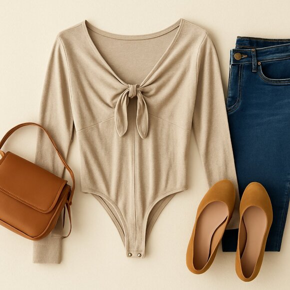 Abercrombie Fitch Bodysuit Tie Front V Neck Beige Small Clean Girl Minimalist - Picture 2 of 11